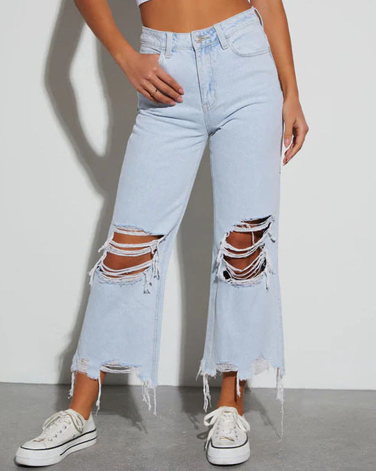 Damen Ripped Mom Jeans Rippen-Details Blau