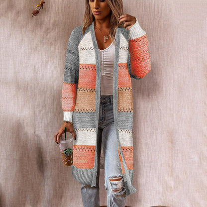 Damen Strickjacke Lang Streifenmuster Offen