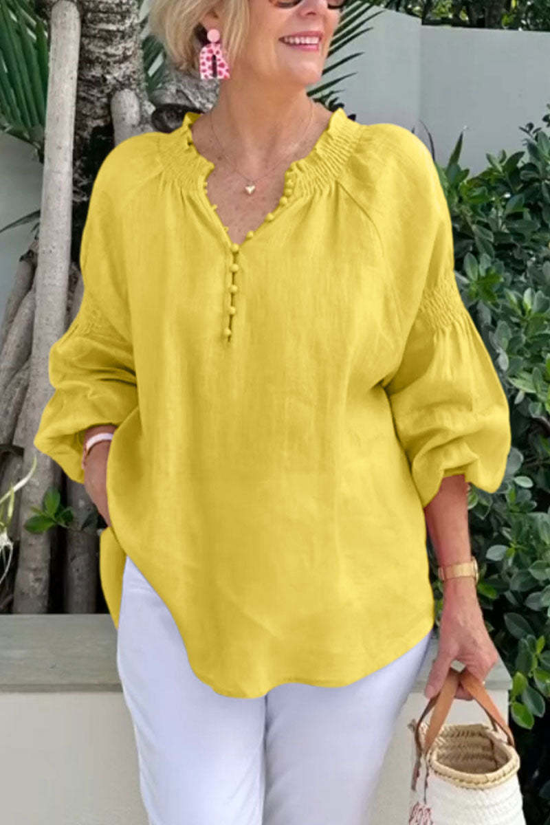 Damen Bluse Elastisch Puffärmel Mit Knöpfen