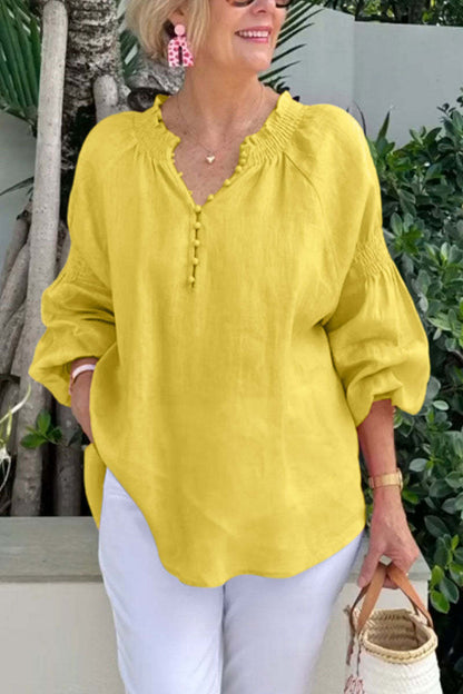 Damen Bluse Elastisch Puffärmel Mit Knöpfen