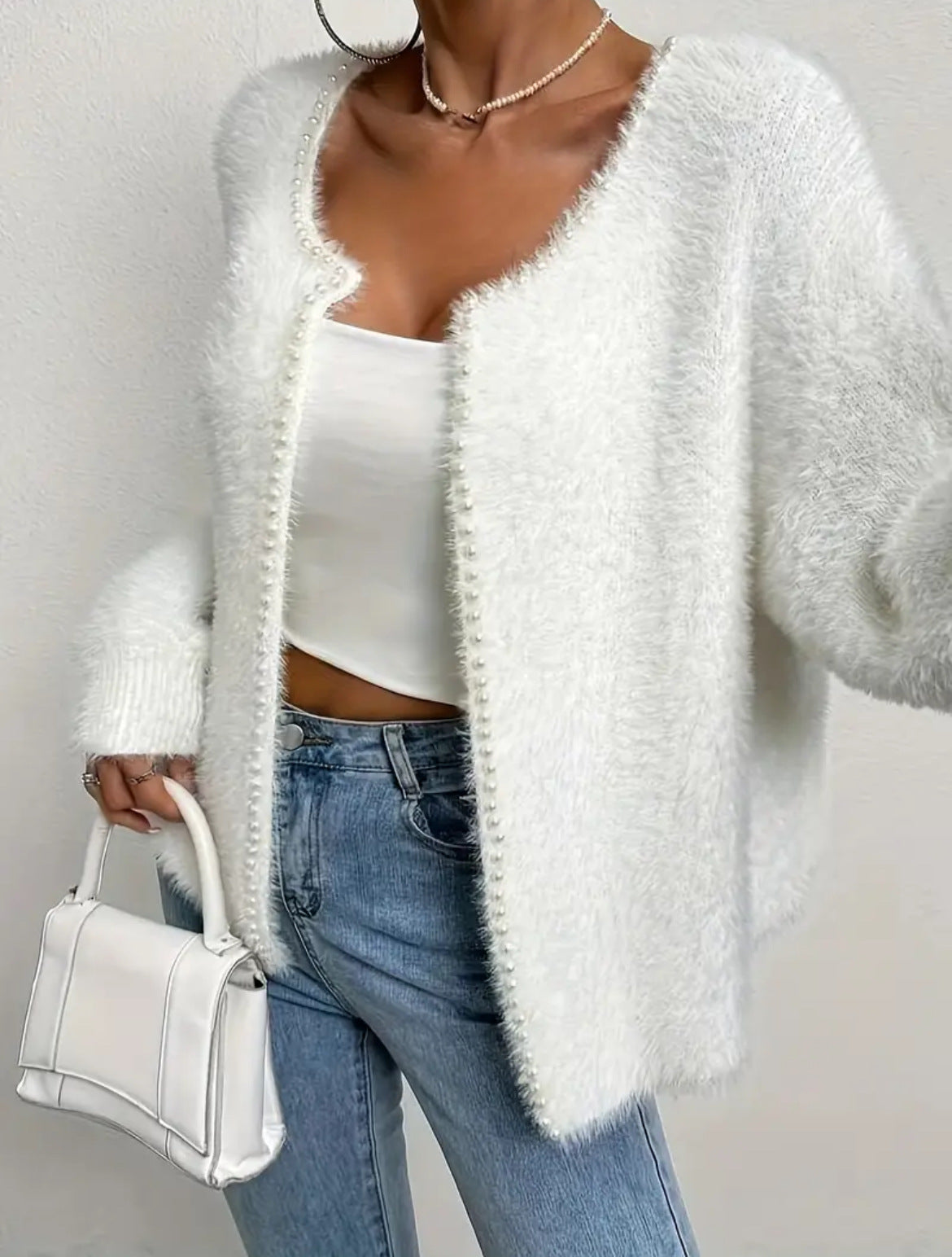 Damen Strickjacke Flauschig Perlen Verzierung