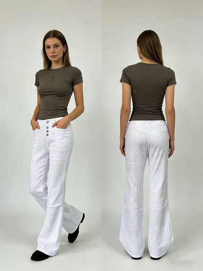 Damen High Waist Bootcut Jeans mit Knopfleiste