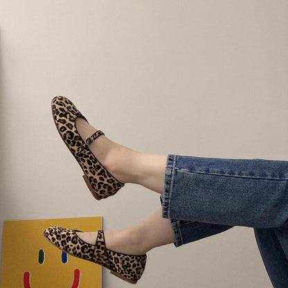 Damen Ballerinas Leopardenmuster Komfort Riemenverschluss