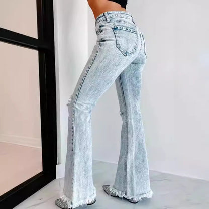 Damen Flare Jeans Ripped mit Fransen