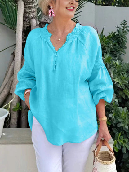 Damen Bluse Elastisch Puffärmel Mit Knöpfen