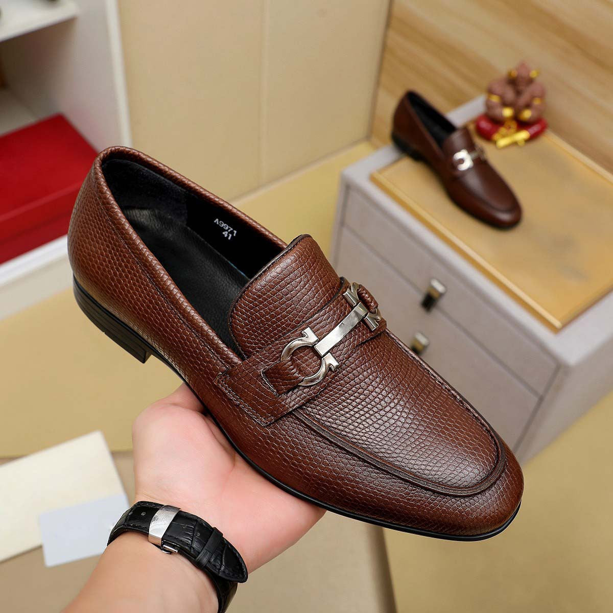 Herren Mokassin Leder Mit Metallverschluss