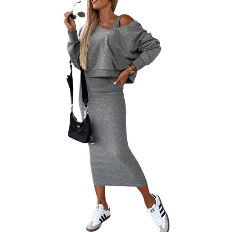 Damen Pullover Set mit Midi Rock aus Kaschmir Casual Beige - Norvielle