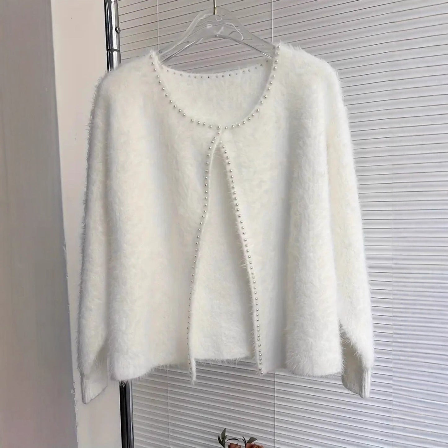 Damen Strickjacke Flauschig Perlen Verzierung