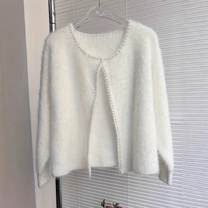 Damen Strickjacke Flauschig Perlen Verzierung