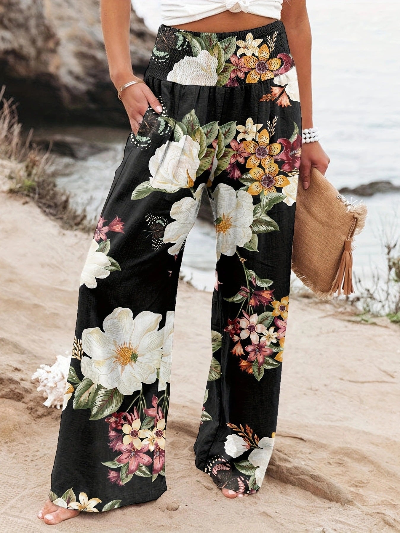 Damen Strandhose Bequem Elastisch Floral