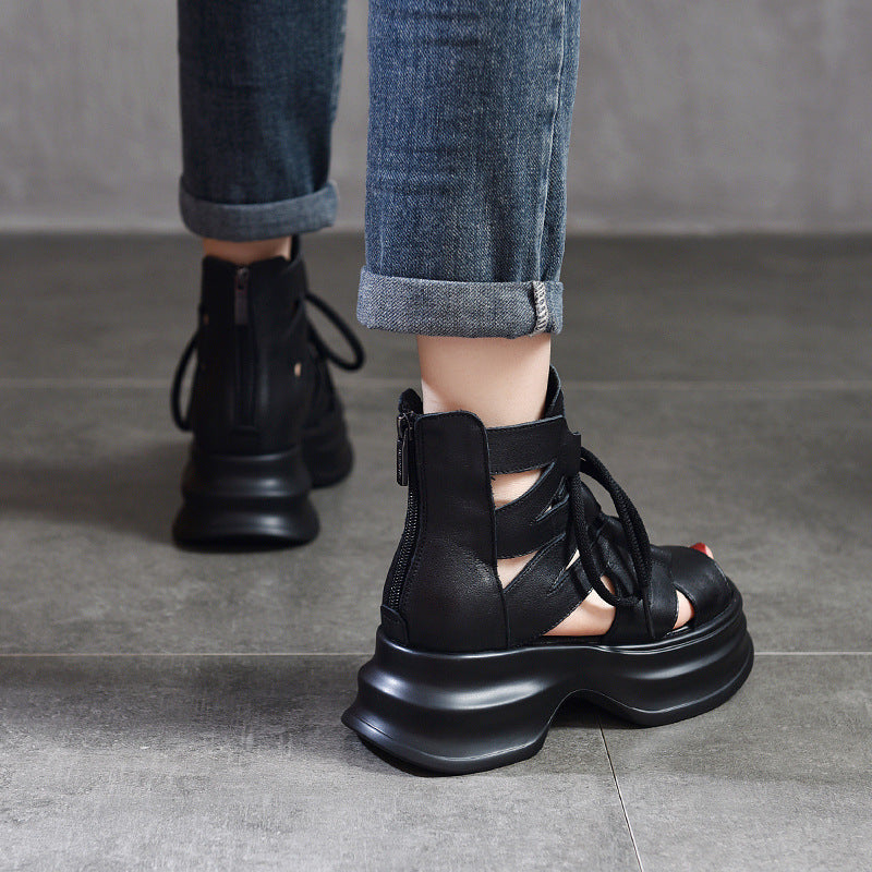 Damen Plateau Sandalen Leder Schnürsystem Modern