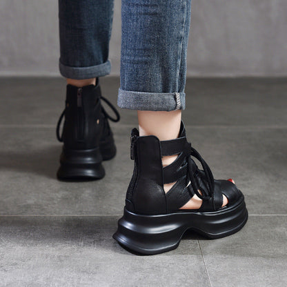 Damen Plateau Sandalen Leder Schnürsystem Modern