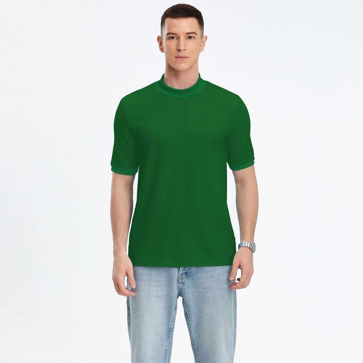 Herren T-Shirt Kurzarm Stehkragen Strukturstoff