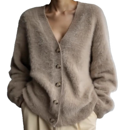 Damen Strickjacke V-Ausschnitt Flauschig Große Knöpfe