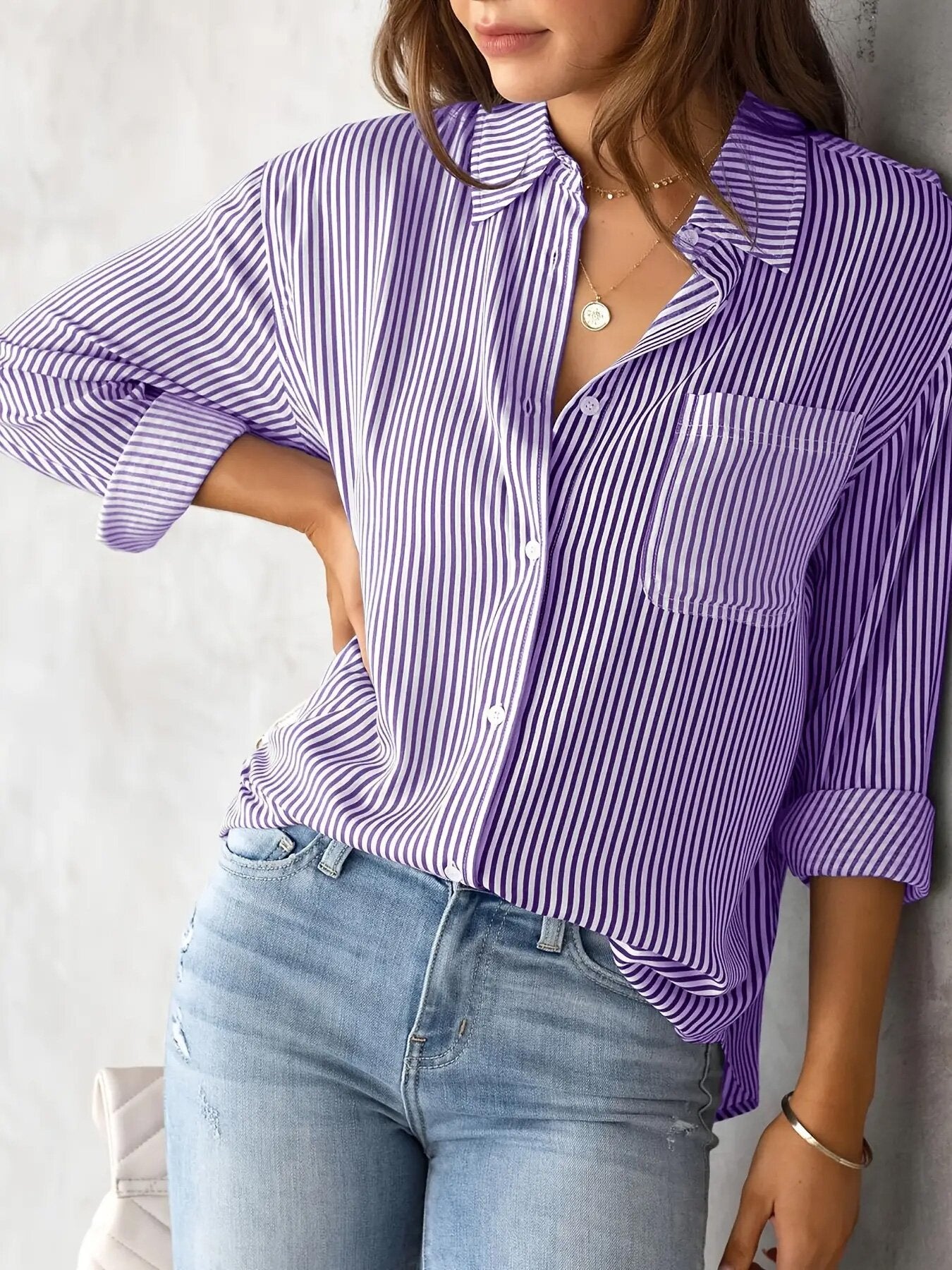 Damen Bluse Lässig Mit Streifenoptik Und Brusttasche