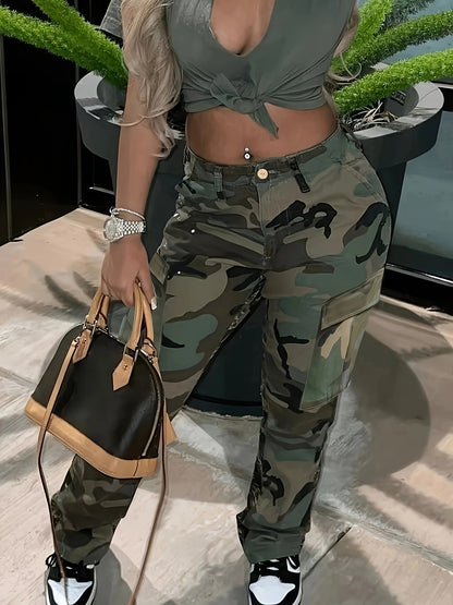 Damen Cargohose Camouflage Robust Mit Taschen