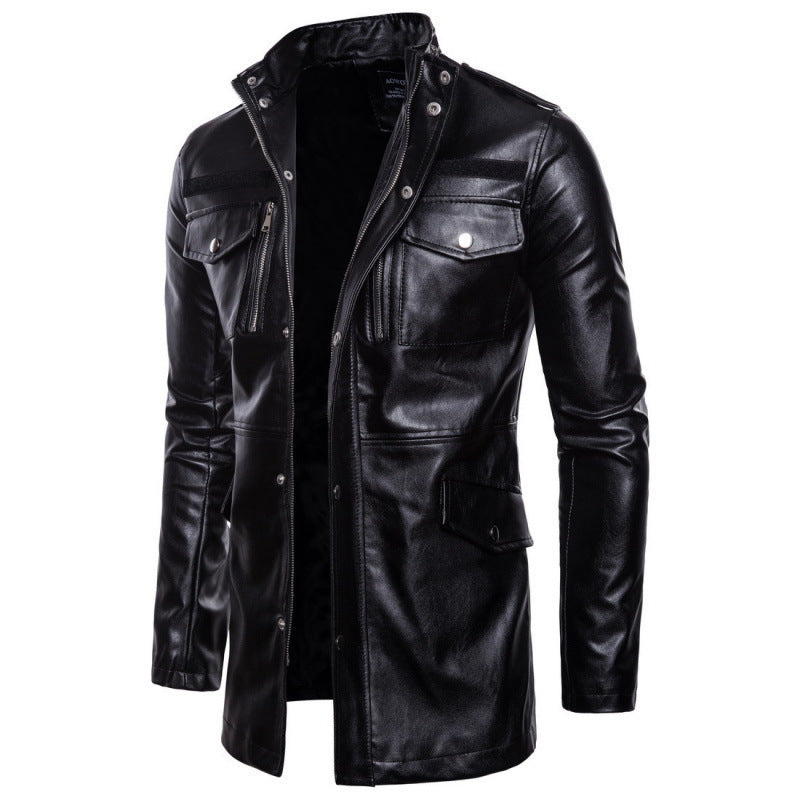 Herren Lederjacke Lang Schwarz Mit Taschen - Norvielle