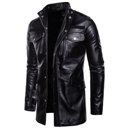 Herren Lederjacke Lang Schwarz Mit Taschen - Norvielle