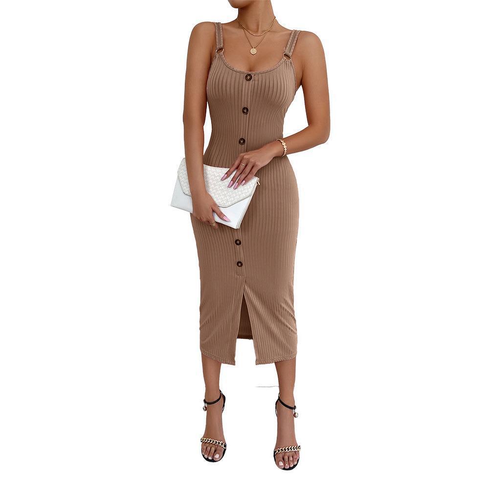 Damen Knielanges Kleid Rippmuster Knöpfe