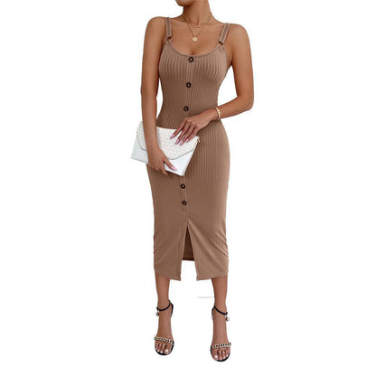 Damen Knielanges Kleid Rippmuster Knöpfe