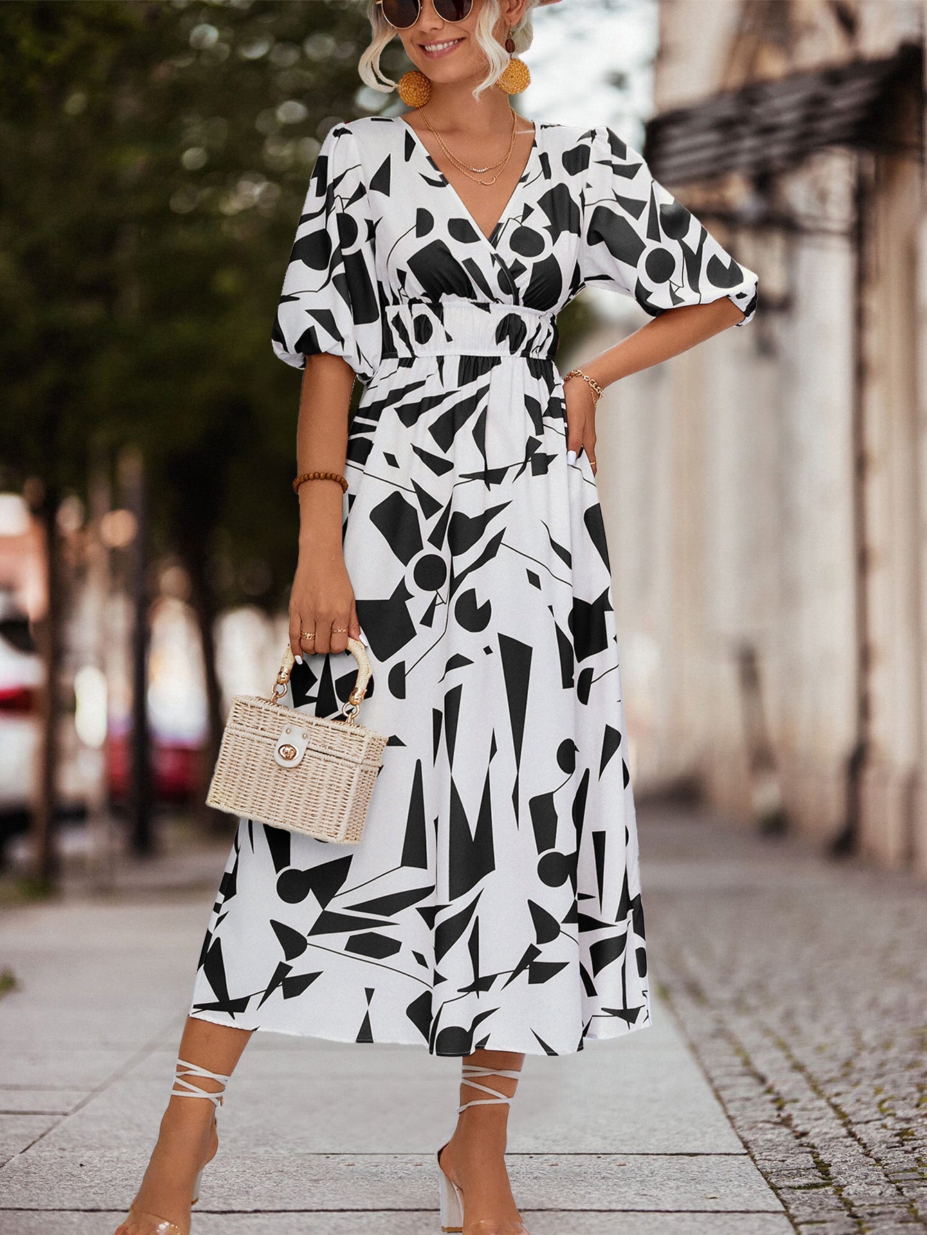 Damen Midikleid Geometrisches Muster Elastisch