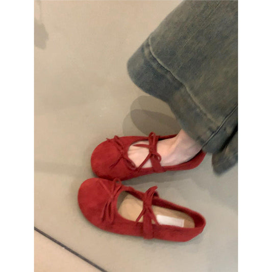 Damen Ballerinas Lederschuhe Bequem Schleifen Schwarz - Norvielle