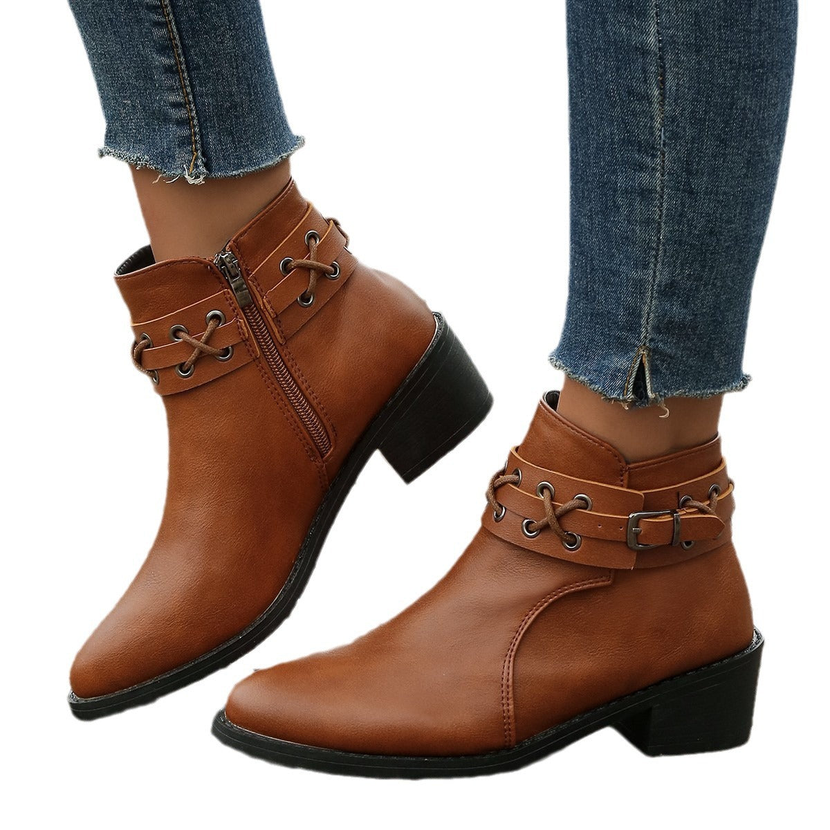 Damen Stiefeletten Schnür-Detail Leder