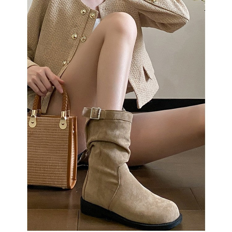 Damen Stiefel Schnalle Falten Design