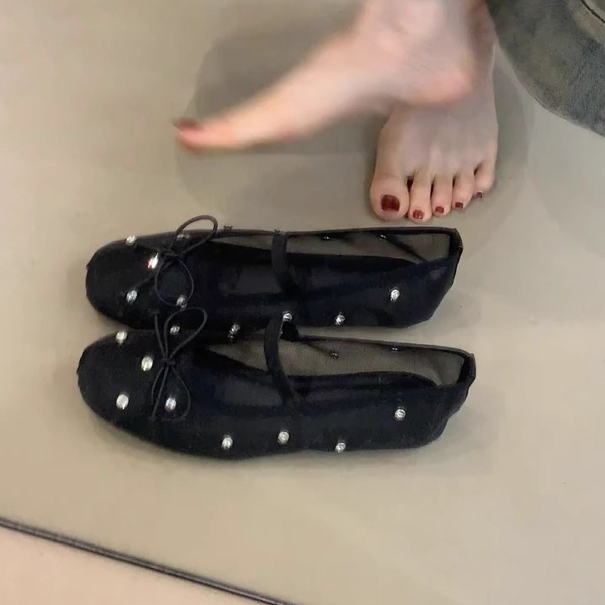 Damen Ballerinas Transparent mit Perlen Schmuck