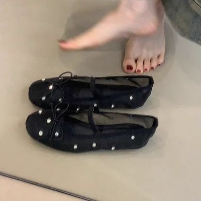 Damen Ballerinas Transparent mit Perlen Schmuck