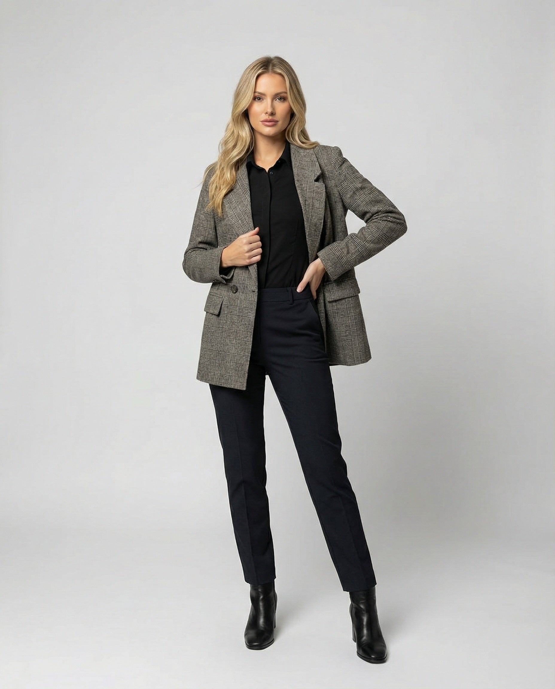 Damen Blazer Weit Karo Eingriffstaschen Schwarz - Norvielle