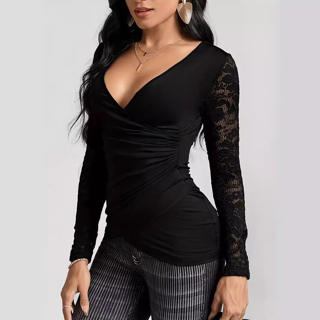 Damen Oberteil Wickelstil Spitzen Ärmel Elegant - Norvielle