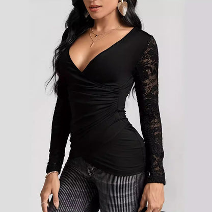 Damen Oberteil Wickelstil Spitzen Ärmel Elegant - Norvielle