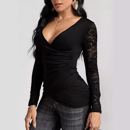 Damen Oberteil Wickelstil Spitzen Ärmel Elegant - Norvielle