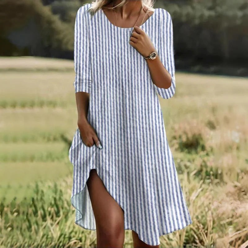 Damen Sommerkleid Streifenmuster Mit Seitenschlitz Leicht
