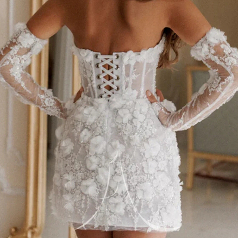 Elegant Hochzeitskleid Blumenmuster Durchsichtstoff