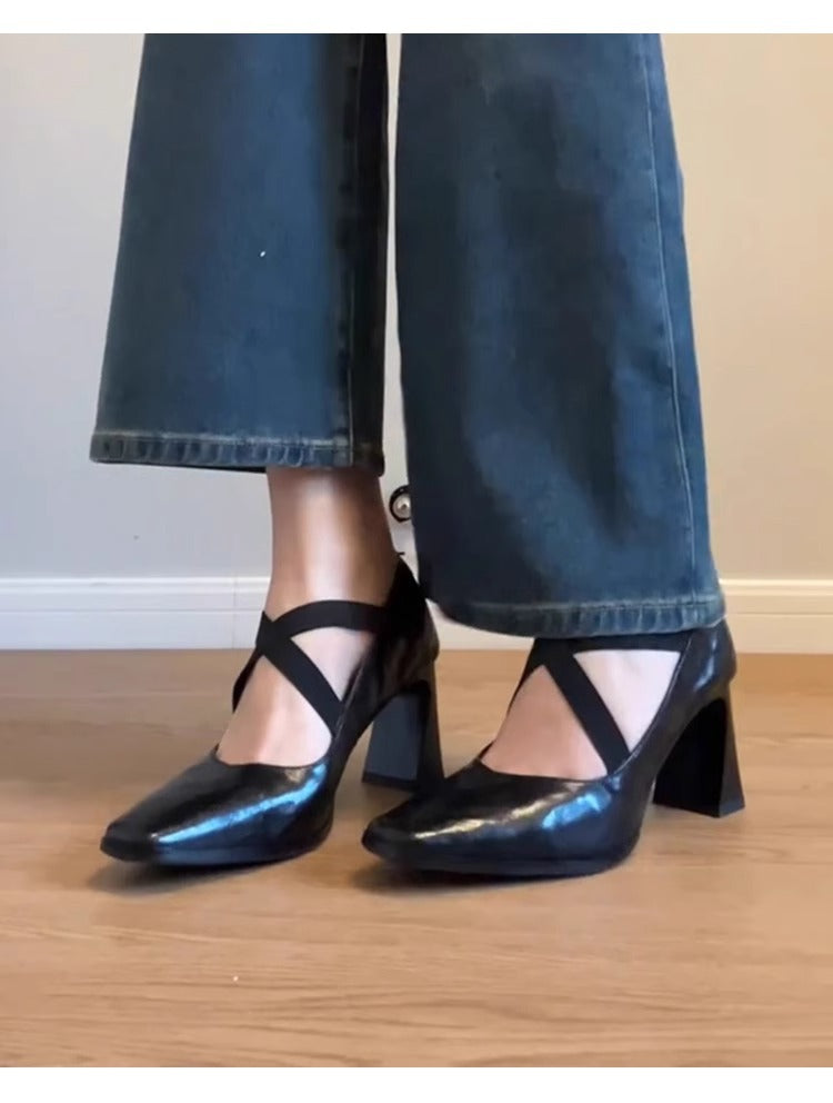 Damen Pumps Riemen Blockabsatz Elegantes Leder