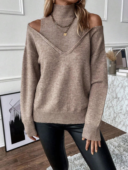 Damen Off-Shoulder Rollkragenpullover Strickweite Frauen