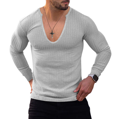 Herren Langarm-Shirt V-Ausschnitt Strukturiert