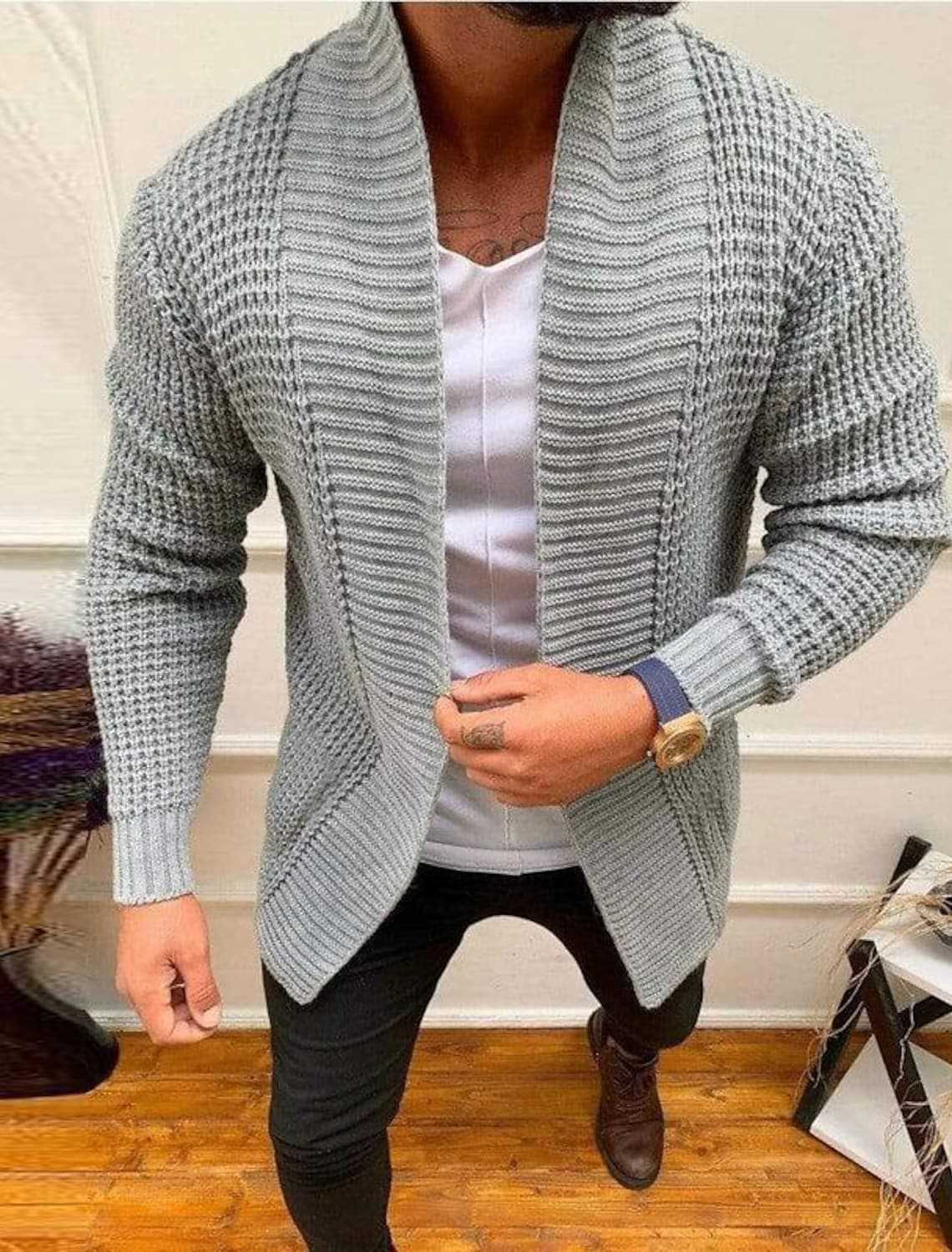 Herren Strickjacke Tiefkragen Modern Struktur Optik