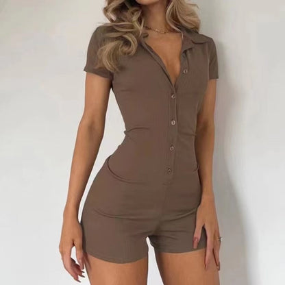 Damen Kurzoverall Modisch Polokragen Knopfverschluss