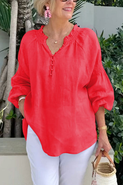 Damen Bluse Elastisch Puffärmel Mit Knöpfen