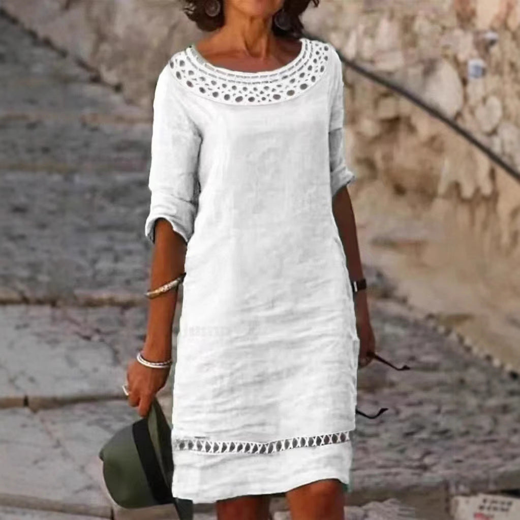 Damen Sommerkleid Elegant Häkelkragen Durchgehender Schnitt - Norvielle