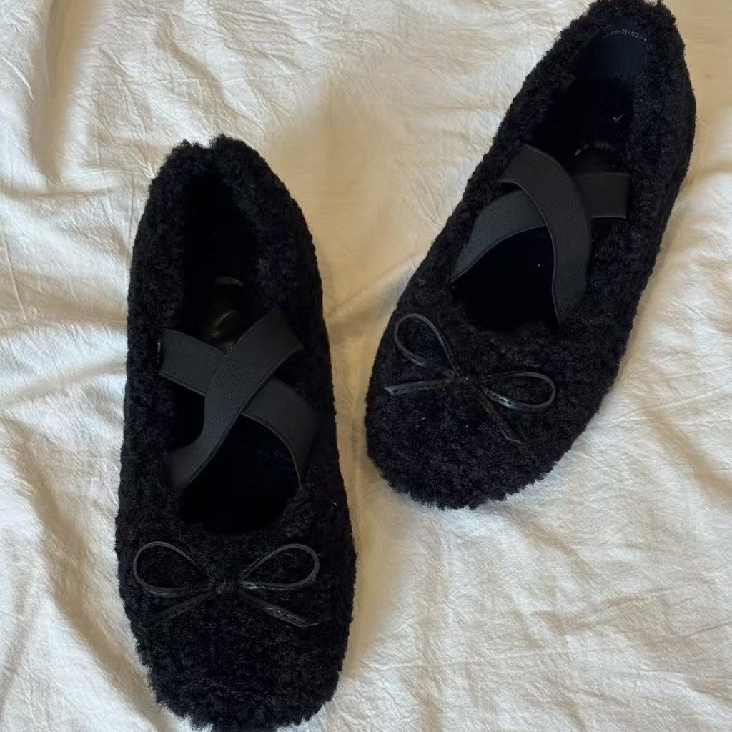 Damen Ballerinas Weiches Plüsch Schleifendetail Rosa