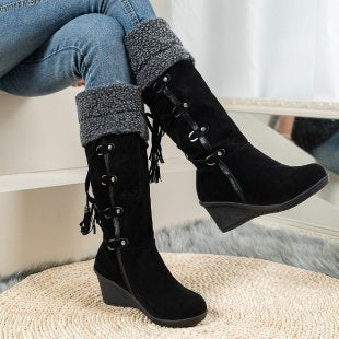 Damen Wedge Stiefel Kuschelig Schnürsenkel Hochzeitsfarbe Weiße Schuhe - Norvielle