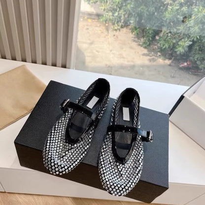 Damen Ballerinas Glitzer Schuhe Strass Dekoration