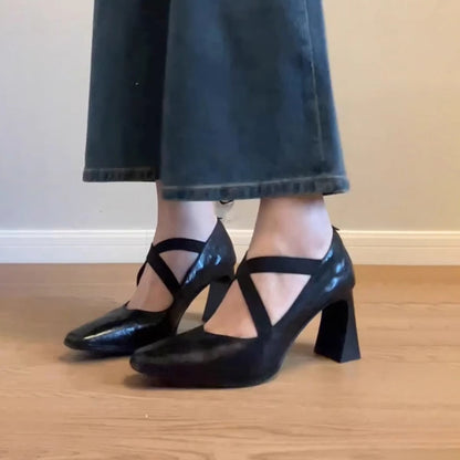 Damen Pumps Riemen Blockabsatz Elegantes Leder