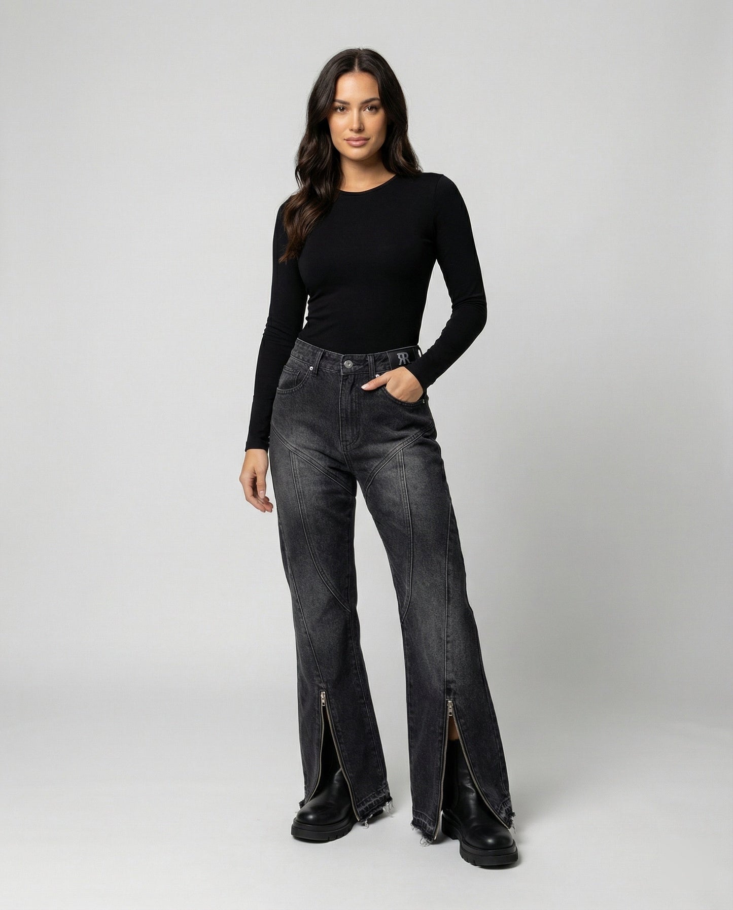 Graue Damenjeans Micro-Flare Reißverschluss