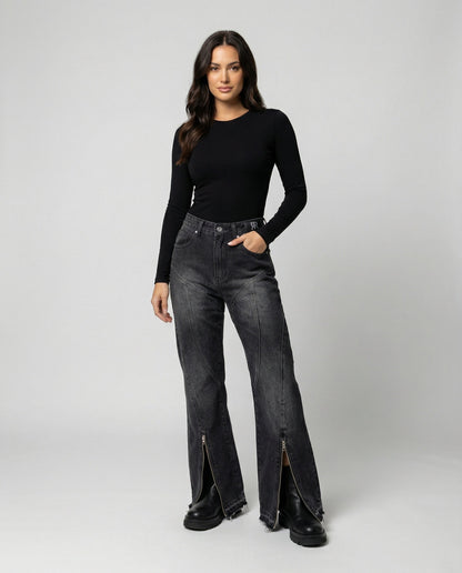 Graue Damenjeans Micro-Flare Reißverschluss