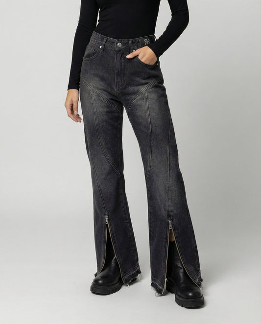 Graue Damenjeans Micro-Flare Reißverschluss - Norvielle